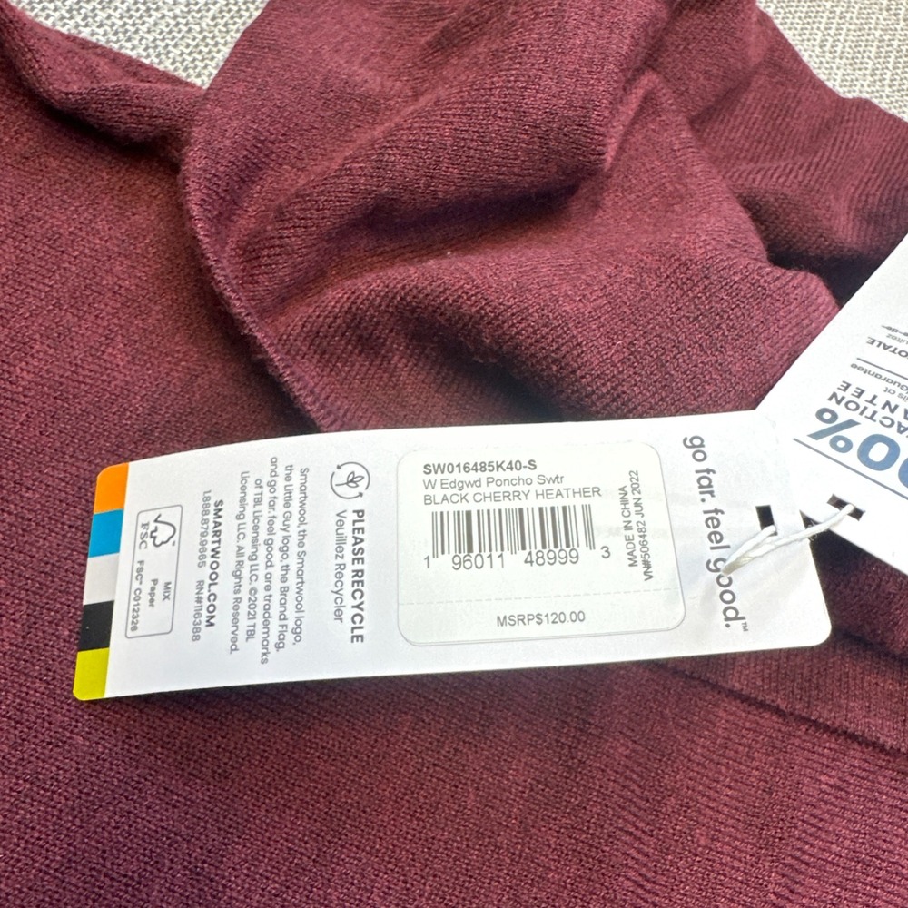 New Smartwool Edgewood Poncho Sweater Womens Small Black Cherry Cowl Neck - Picture 4 of 10